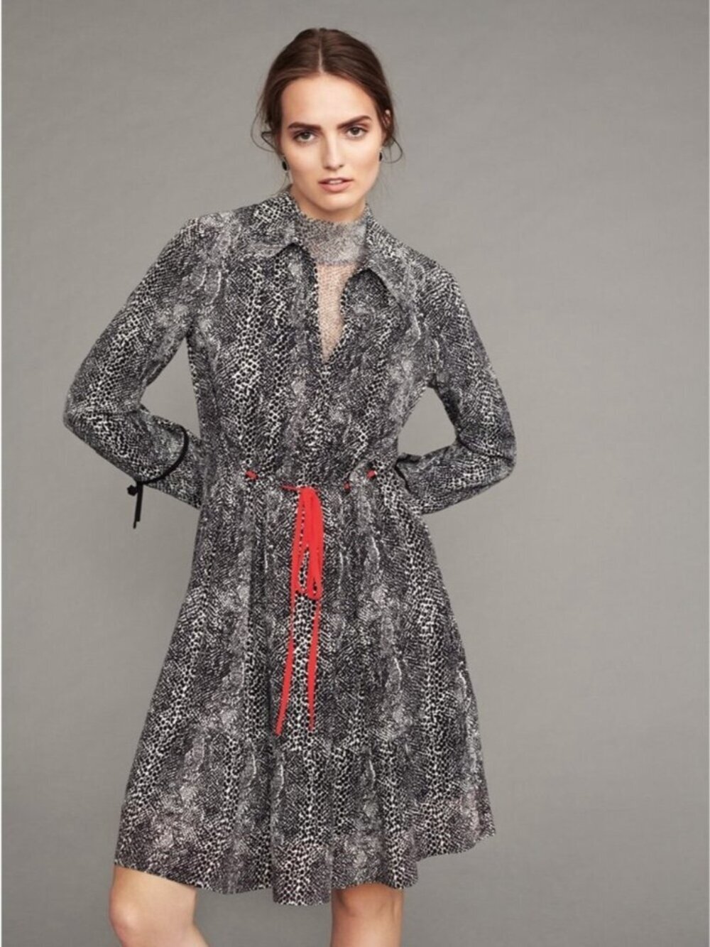 RIANI snake print long-sleeve midi shirtdress featuring a red tie belt